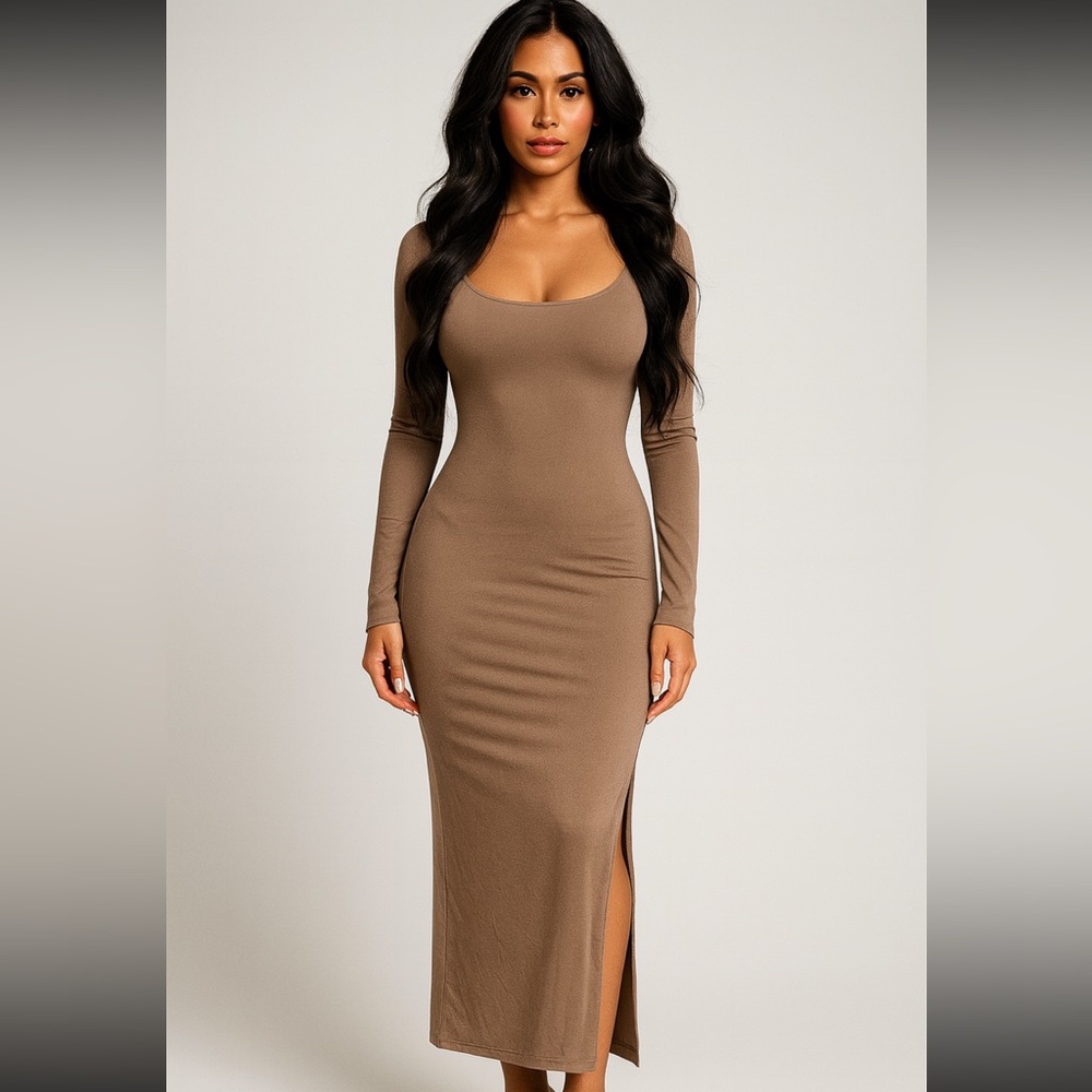 SWS Contour long sleeve beige double line long body con dress NWT